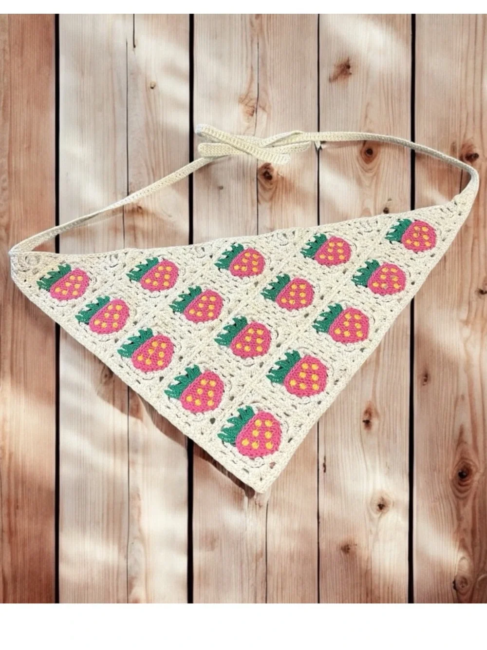 Crochet Boho Hippie Bandana Headband/ Crochet Strawberry Print Boho Cottagecore